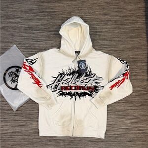 Hellstar Records White Zip-Up Hoodie with Red & Black Graphics